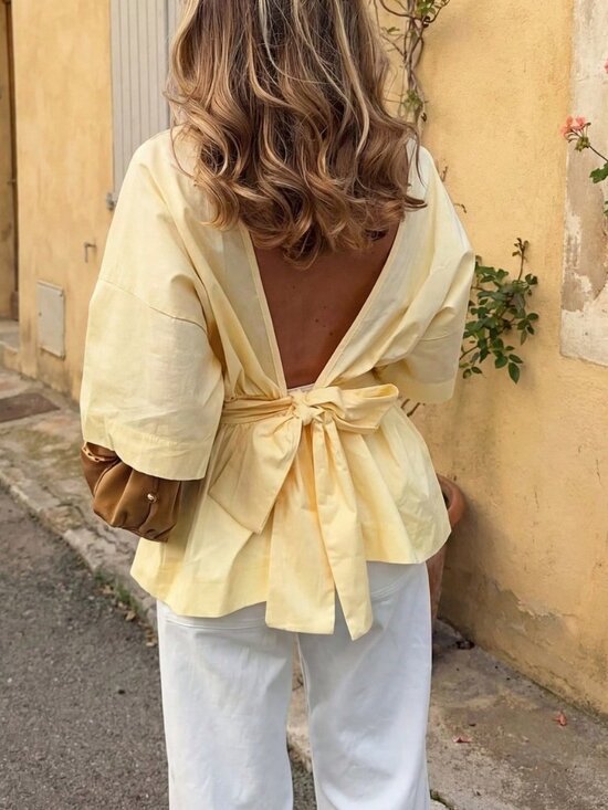 Tops - Yellow Casual Women's Knotted Ruffle Hem Blouse